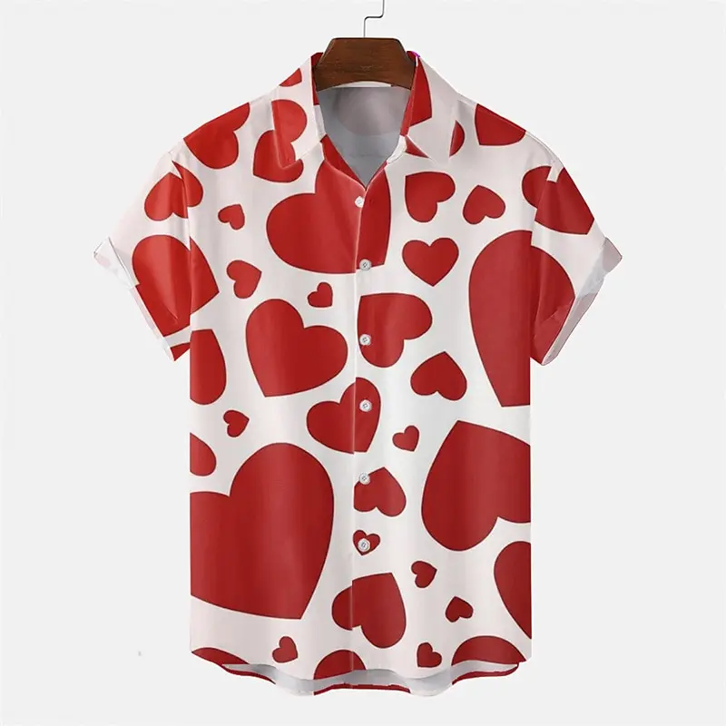

Men's shirt heart pattern date vacation spring and summer short-sleeved shirt button print clothing tropical fashion design 5XL