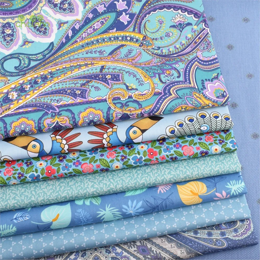 Chainho,Printed Twill Weave Cotton Fabric,Patchwork Cloth,DIY Quilting Sewing Material,Blue Floral Series,4 Specification,CC046