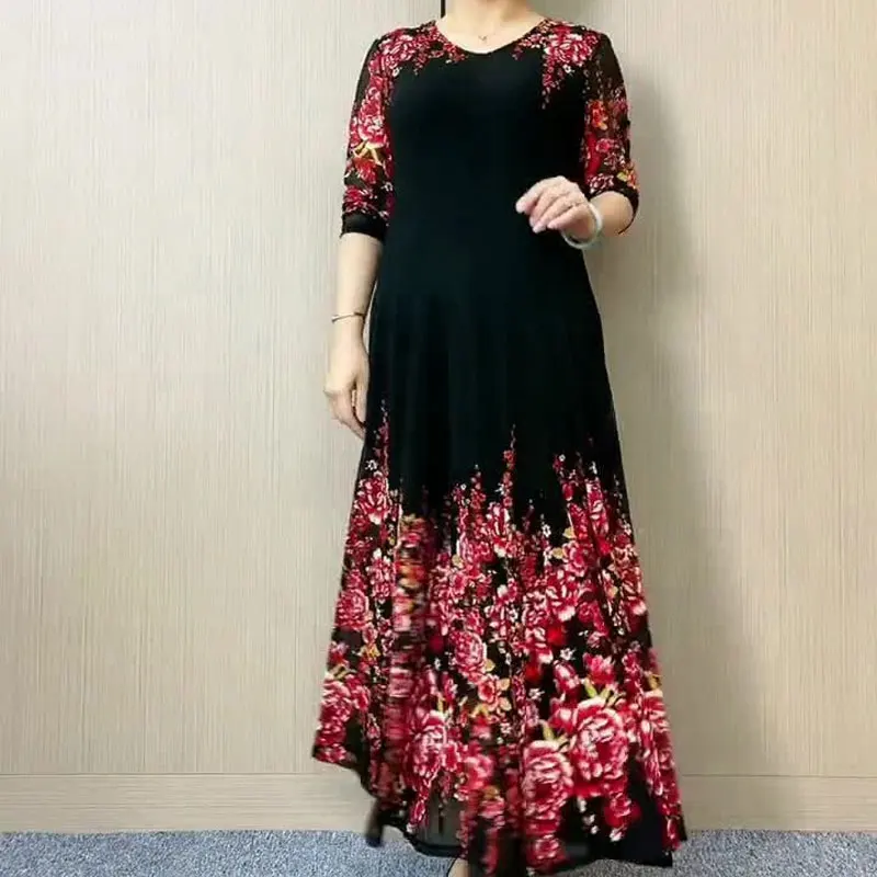 Vintage Floral Gauze A-Line Dress - V-Neck, 3/4 Sleeve, Long Skirt