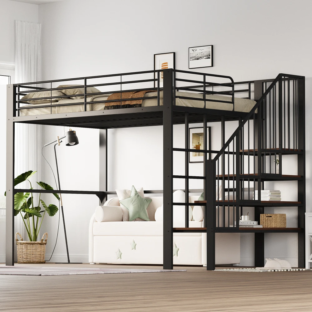 90*200cm/140*200cm Hochbett, stabile Metallkonstruktion mit geräumigem Stauraum unter dem Bett und Treppe, für Kinder und Erwachsene – Detail 13