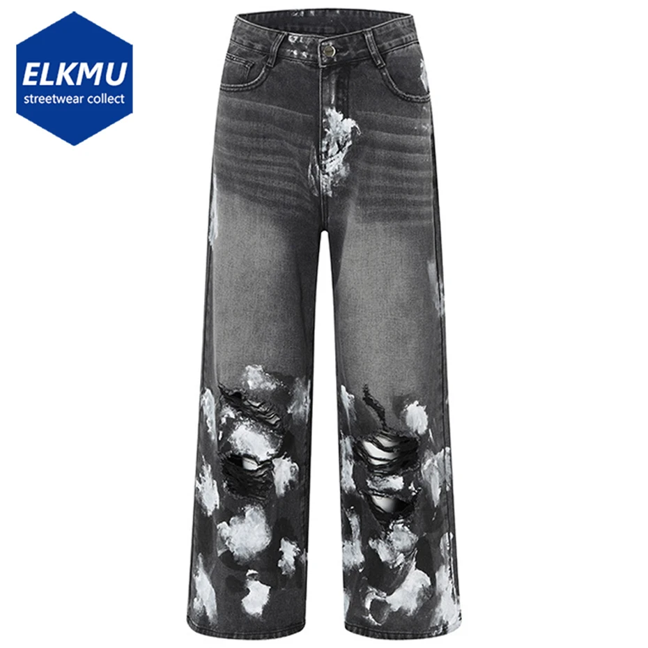 

Distressed Ripped Black Baggy Jeans Men Streetwear Hip Hop Loose Jeans Trousers Vintage Straight Denim Pants for Man