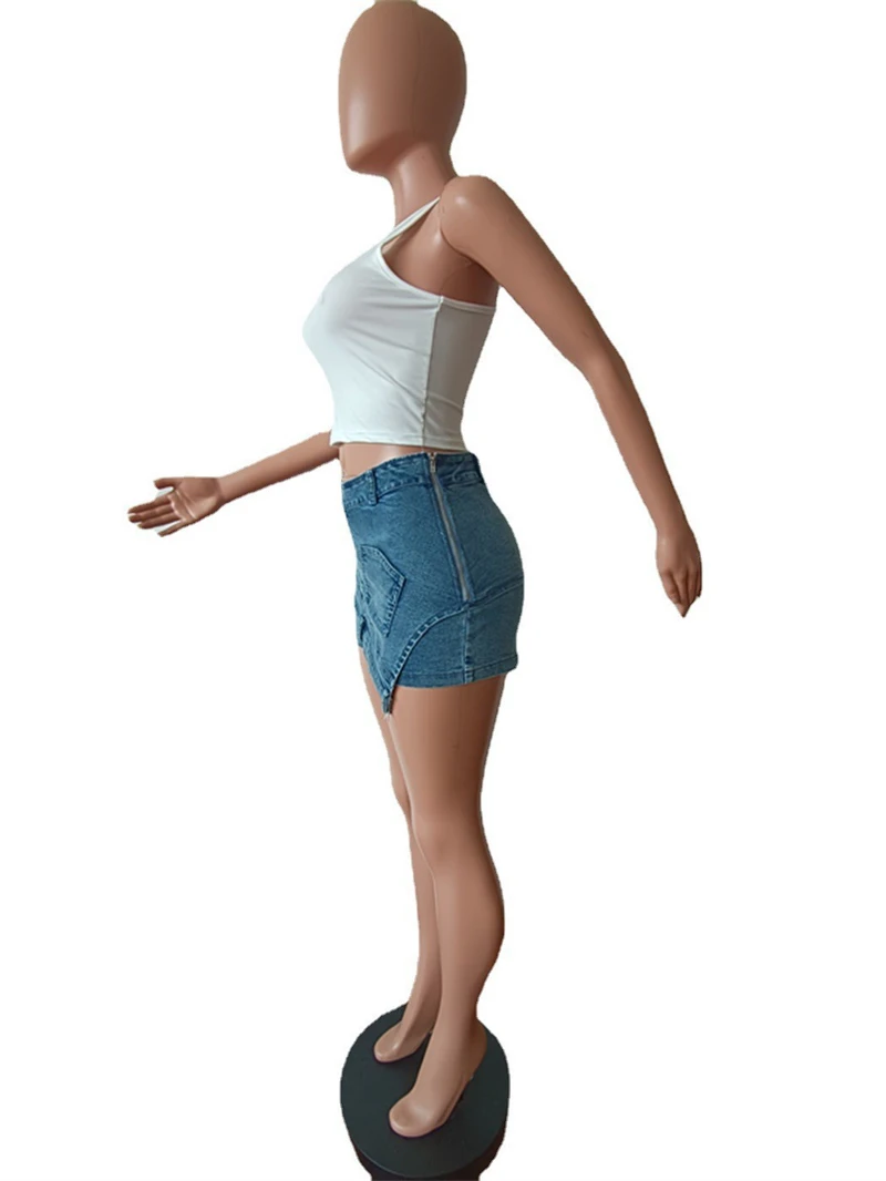Summer Asymmetrical Bodycon Jeans Mini Skirts with Pockets Women Sexy High Waist Stretchy Denim Petticoat