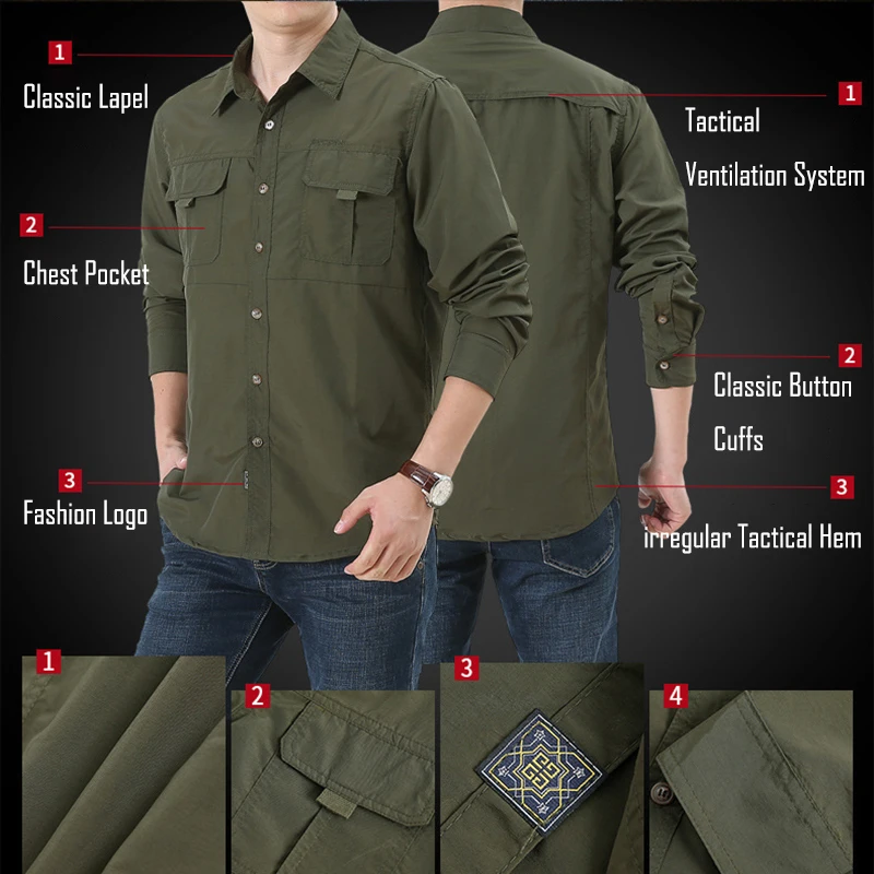 Men's Fishing Shirts Casual Cargo Hiking Shirt Long Sleeve UPF 50+