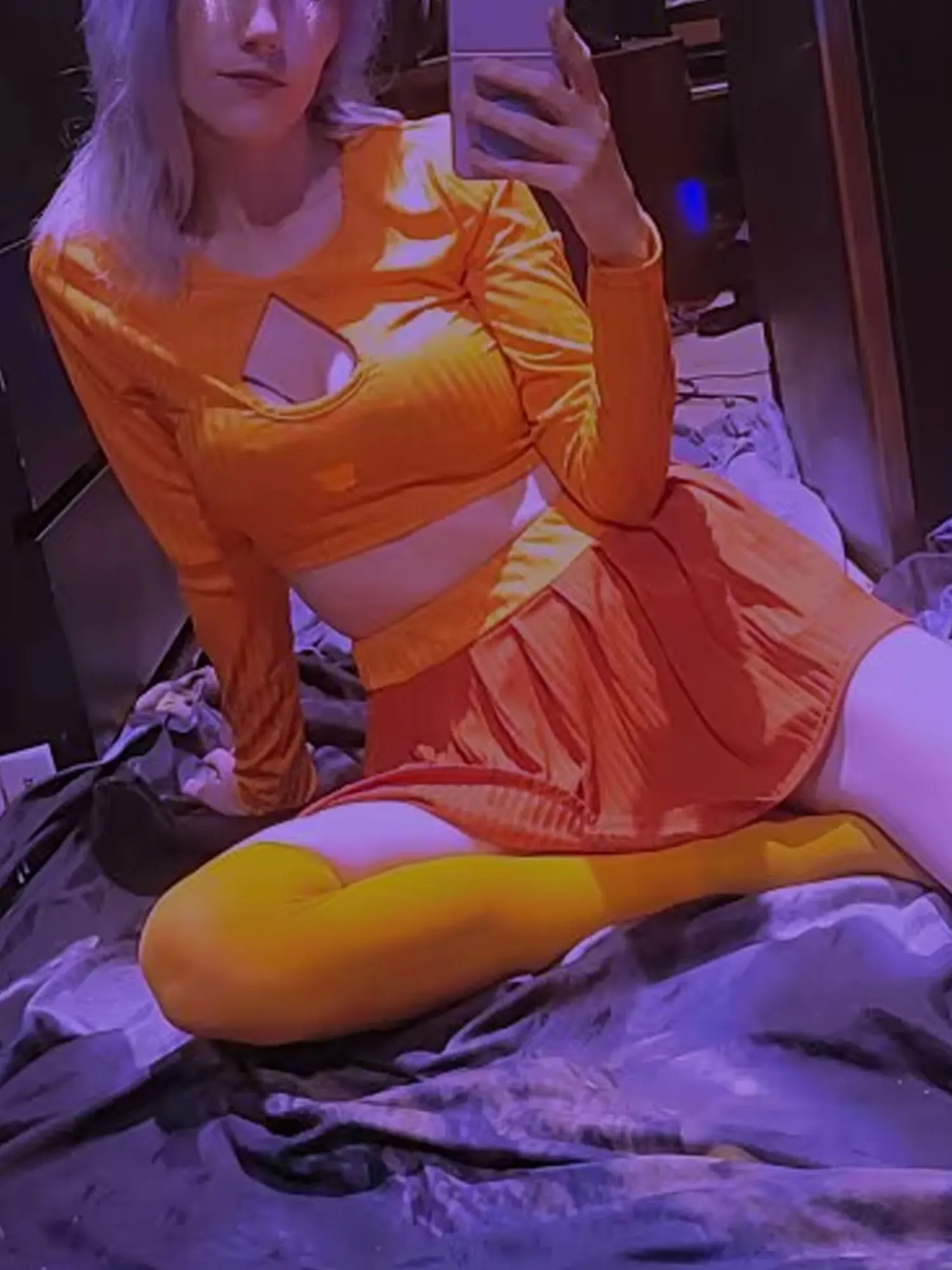 2026Fashion Halloween Velma and Daphne Costume Women Long Sleeve V Neck Crop Top Mini Skirt with Stockings/Scarf Cosplay Outfits