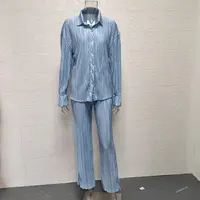 New Pajamas for Women Two-piece Set Pleated Shirt Long-sleeved Lapel Slit High Waisted Wide Pants Suit Loungewear Women Outfits - Image 6