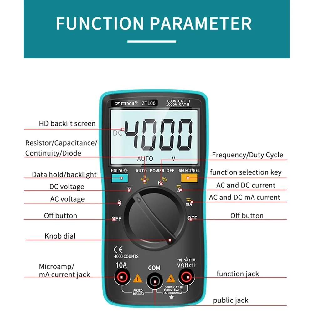 ZOYI Multimeter Digital Multi Tester Back Light AC/DC Voltmeter Diode ZT100 dmm transistor tester