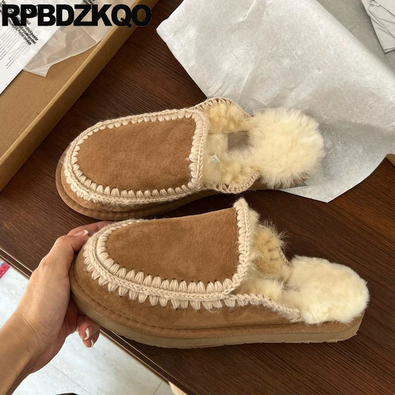 

Women Australian Slippers Closed Toe Shoes Fluffy Flats Mules Brown Sandals Fuzzy Half Nubuck Sheepskin Slides Wool Fur Warm