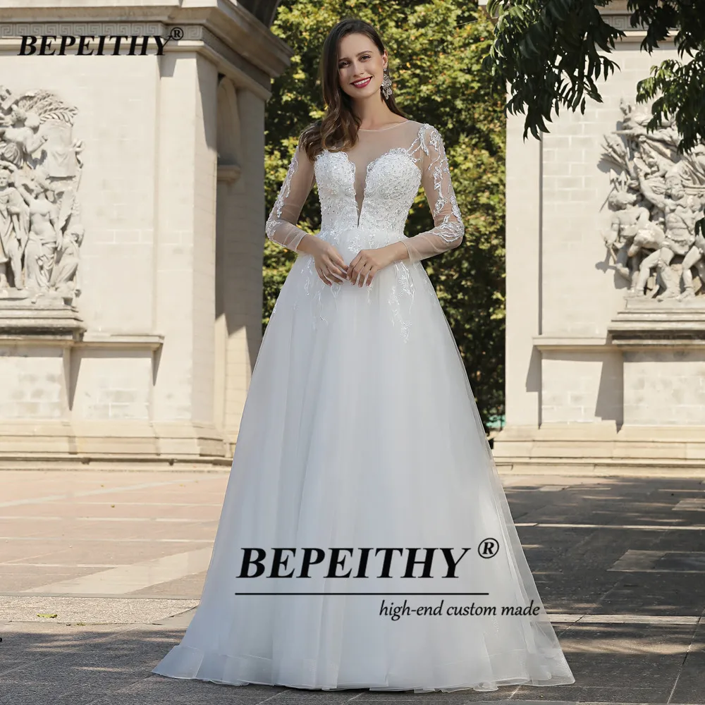 BEPEITHY Customized Pastrol O Neck Lace Modern Wedding Dresses For Women A Line Long Sleeves Wedding Dress Beach Bridal Gown 5