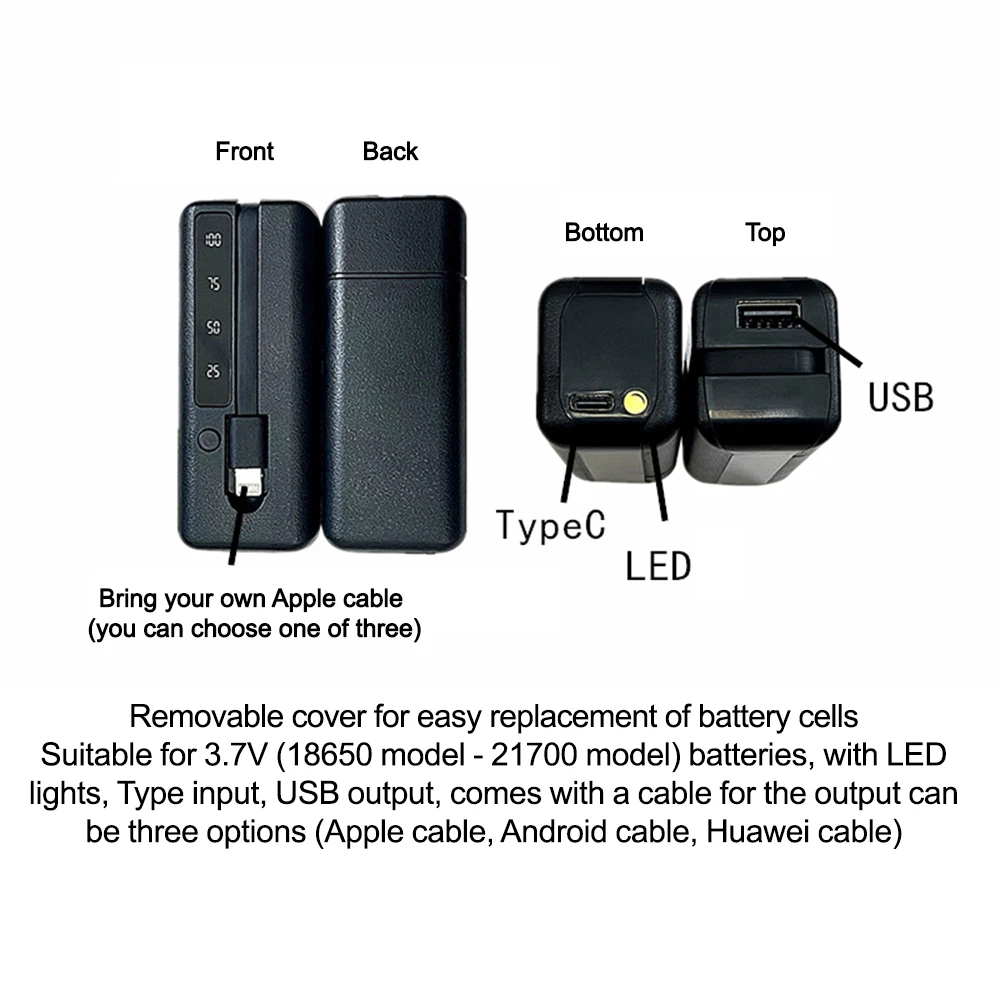 1*18650/18700/20700/21700 Lithium Battery Power Bank Case Type-C USB Charger Outer Case Plastic Shell LCD Display and Cable power bank case battery power bank box