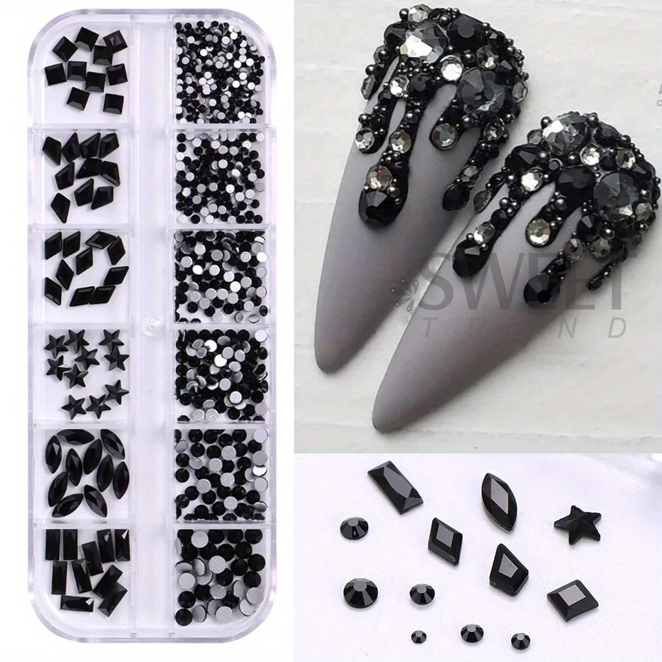 12Grid Black Glass Crystal Nail Rhinestones Flatback Odd Shaped Diamond Star Square Design Jewelry With Tweezers Decor Accessory
