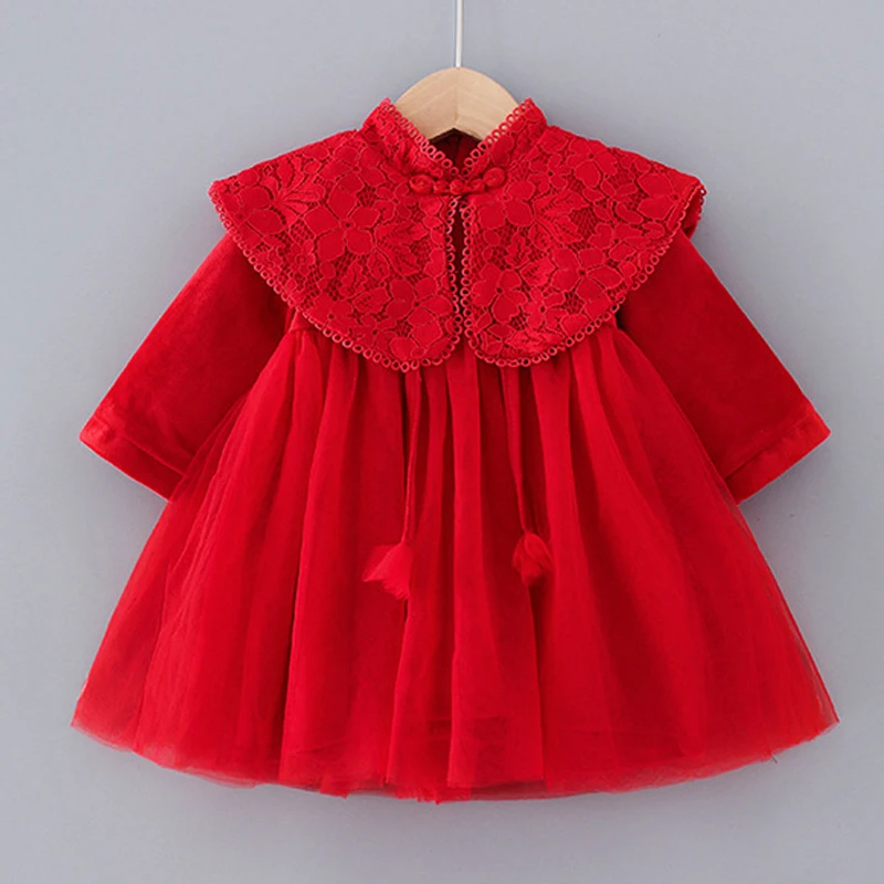 

MODX Girl Tang Suits Chinese Style 2021 Winter Lace Shawl A-Line Girls Winter Dress Warm Red New Year Party Fairy Princess Dress