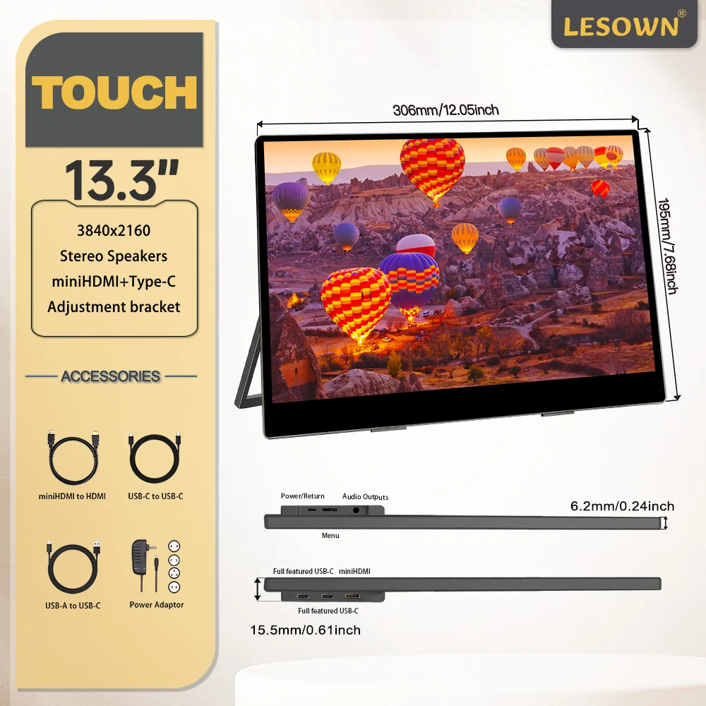 شاشة LESOWN 13.3 بوصة 4K محمولة UHD 3840x2160 IPS...