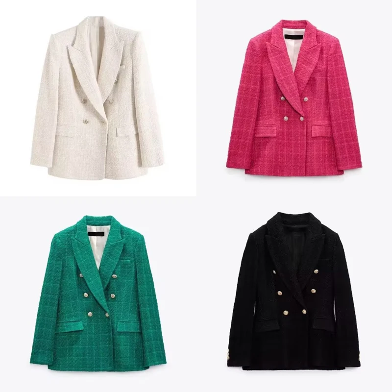 

2023 Multi Color Texture Double Breasted Mid Length Suit Jacket Houndstock Retro Long Sleeved Flap Pocket Women's Outdoor Cloths