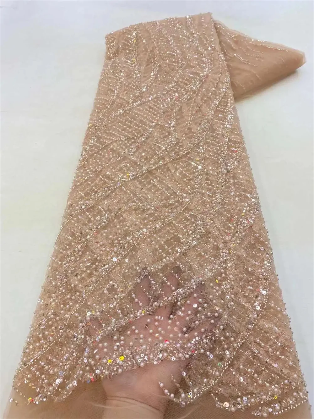 African Sequins Beaded Lace Fabric Sequence Embroidery French Nigerian Lace Fabric 1 Yards For Wedding Dress lace fabric,african wax fabric