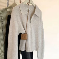 Dark Gray Polo Collar Half Zipper Sweater Women Autumn And Winter 2025 New Lapel Small Sweater Top - Image 2