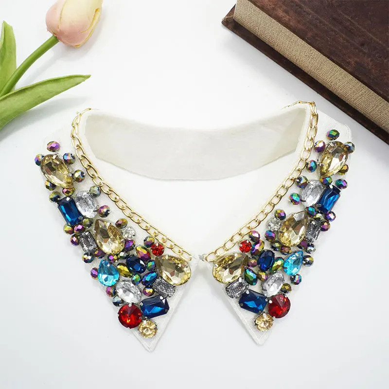 Fashion Fake Collar with Rhinestone Shiny Crystal Sewing Detachable Collar for Lapel Blouse Top Shirt Women Clothes Accessories