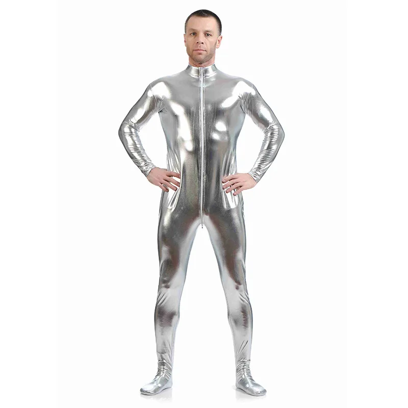 Ensnovo Men Latex Suit Black Shiny Metallic Tights Gold Zentai Suit Full Body Unitard Skin Bodysuit Zipper Front cosplay costume,adult unitard,latex lingerie,mens bondage lingerie
