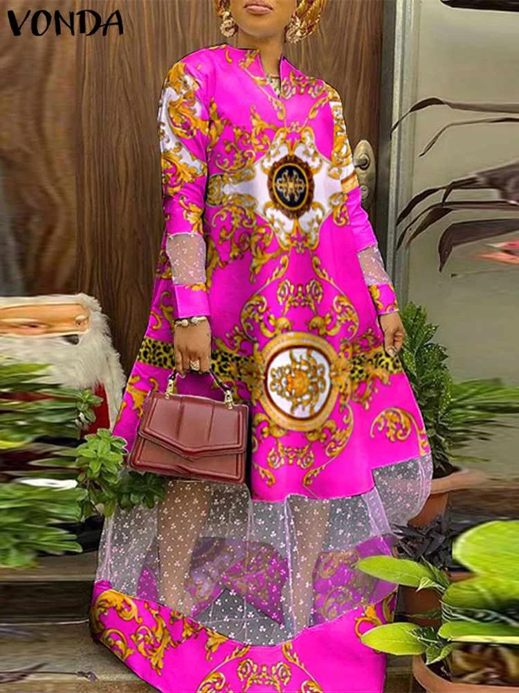 

Plus Size 5XL VONDA Summer Lace Maxi Dress Women Bohemian Mesh Patchwork Long Sleeve Printed Party Sundress Beach Robe