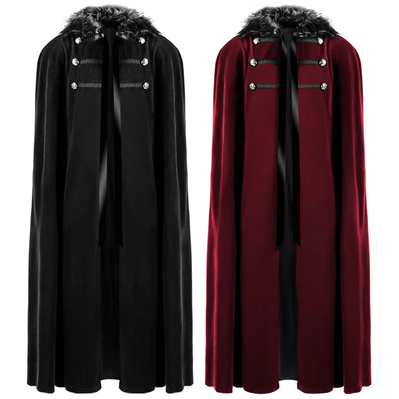 

Medieval Men Cloak Coat Vintage Winter Fur Collar Windproof Long Cape Knight Warrior Cosplay Halloween Party Performance Costume