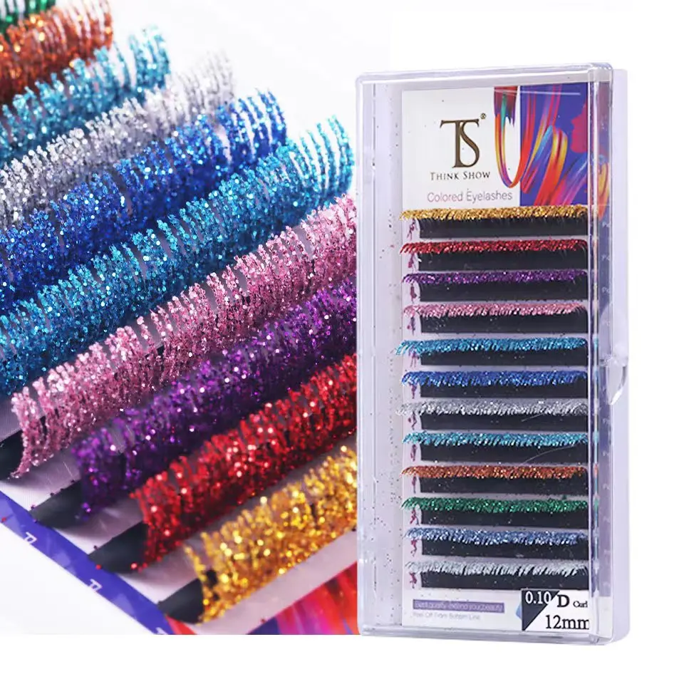 

THINKSHOW Glitter Colors Eyelash Extension Shiny Mix Color False Individual Eyelash Extensions 0.10mm All Size Cilias Makeup