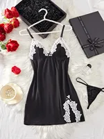 Sexy Women Lingerie Set Lace Trim Satin Babydoll Nightdress Spaghetti Strap Slip Dress With Thong Romantic Bedroom Wear - Image 2