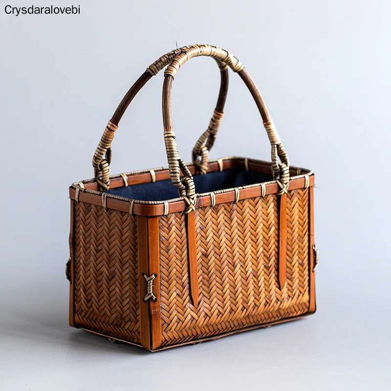 

Japanese-style Bamboo Woven Storage Bags Handmade Retro Basket Chinese Style Teacup Teapot Bags Travel Outdoor Tea Cozies