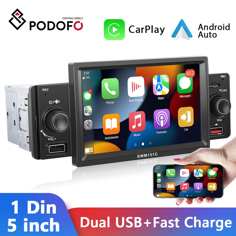 

Podofo 1 Din Car Radio CarPlay Android Auto Multimedia Player Bluetooth MP5 Player Auto Stereo For Volkswagen Nissan Toyota