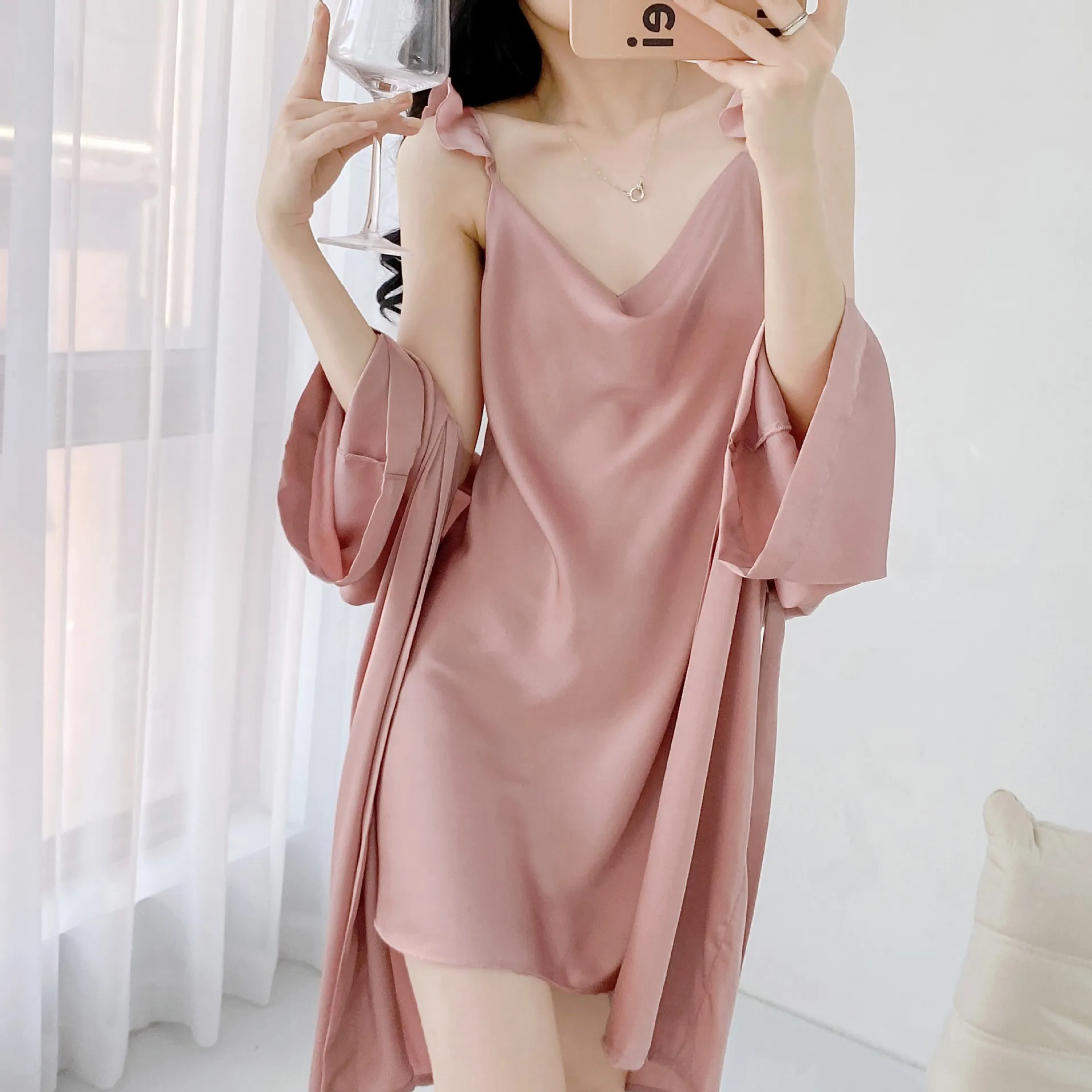 

Two Piece Summer Bathrobe Gown Suit Women Sleepwear Nighty&Robe Set Nightgown Loungewear Rayon Satin Kimono Home Dress