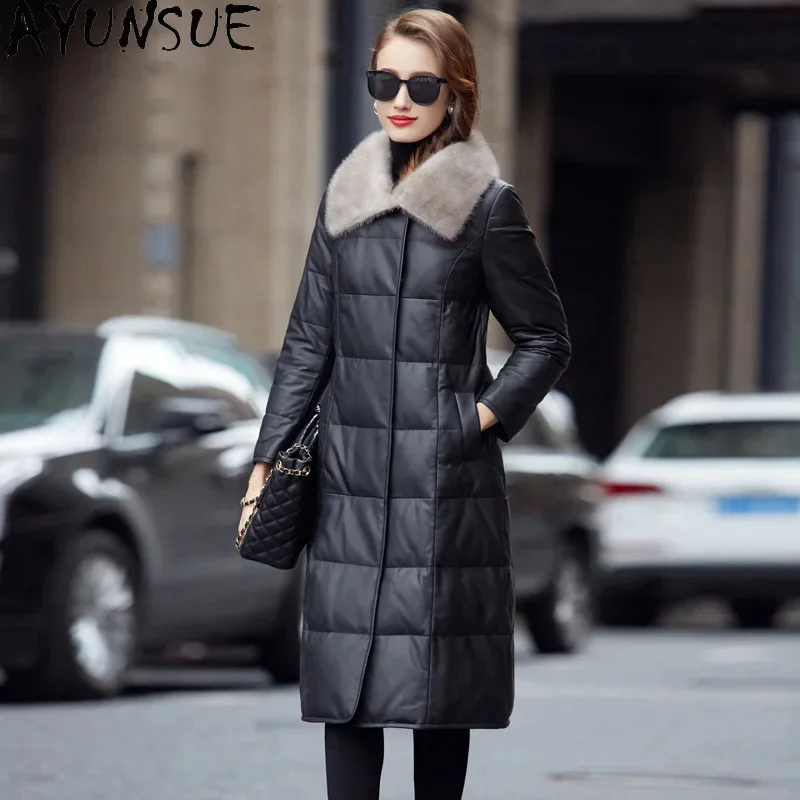 

Real AYUNSUE Leather Down Jacket Women Genuine Sheepskin Coat Mink Fur Collar Long Black Parkas Ladies Winter Coats and Jackets