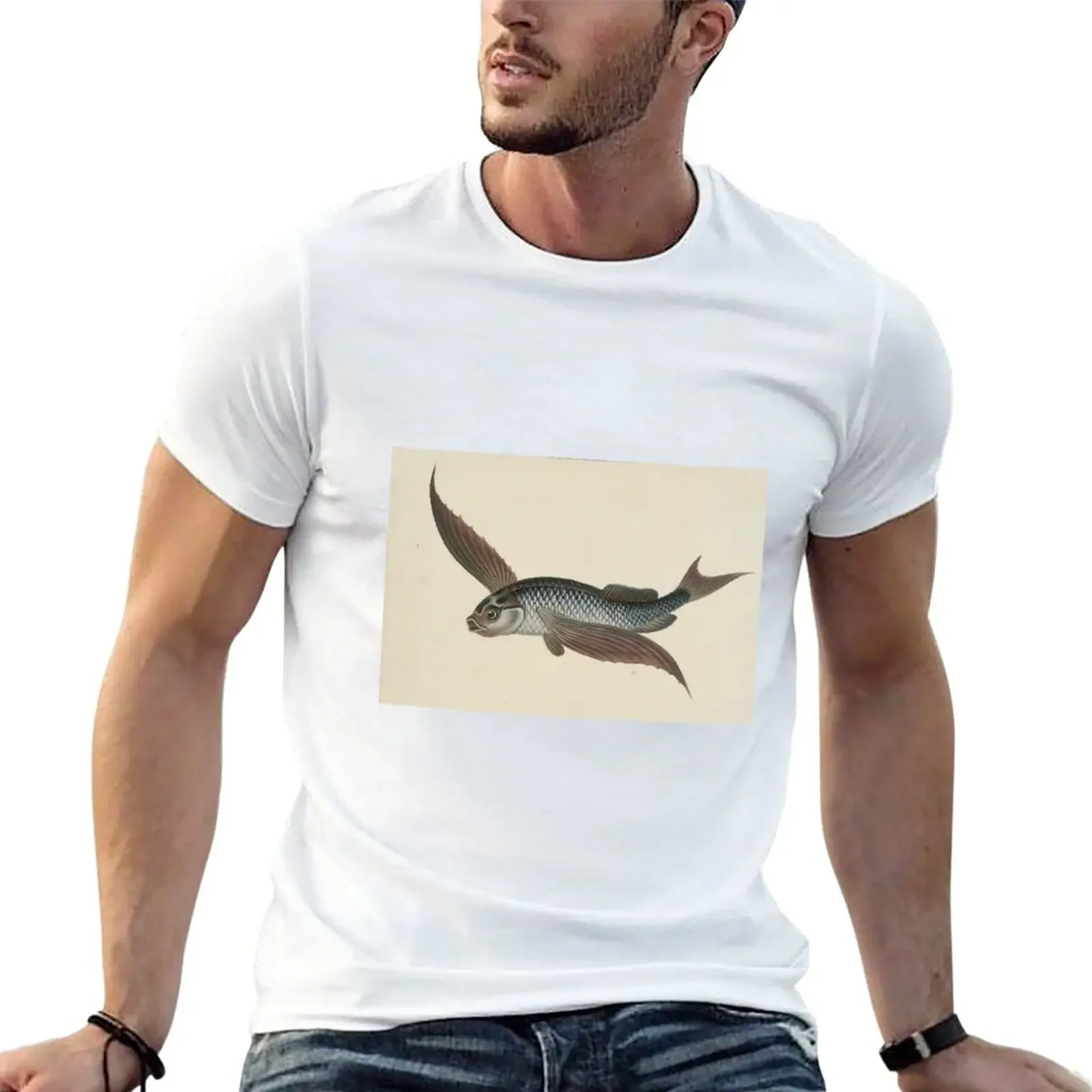 

Винтажная быстросохнущая футболка с рисунком летающей рыбы для мальчиков, мужская одежда больших размеров