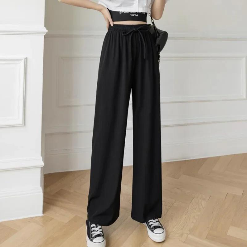 Women Summer High Waist Elastic Sash Ice Silk Pants 2024 Solid Color Casual Loose Long Trousers Soft Comfortable Wide Leg Pant