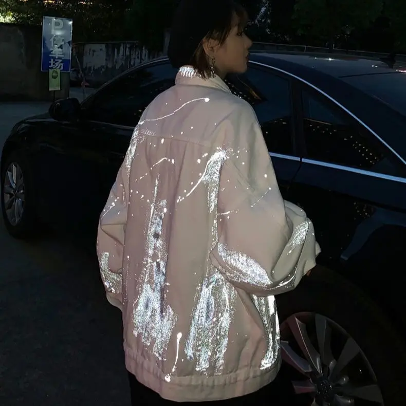 Reflective Graffiti Print Loose Turndown Neck Button Up Jacket Fall Harajuku Streetwear Denim Coat Women Man Jeans Windbreaker