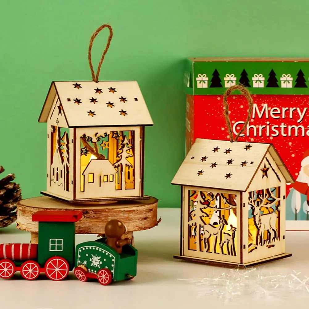 Christmas LED Wood House Ornaments Eco friendly Glowing Mini Personalize Illuminate Christmas Tree Pendant