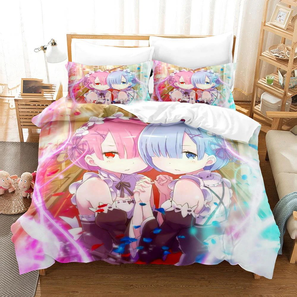 3D 프린트 애니메이션 Re Zero Rem Ram Emilia 침구 세트, 소년 소녀, 트윈 퀸 사이즈, 이불 커버, 베갯잇 침대, 어린이 성인