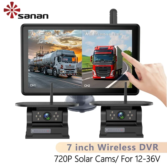 654166-971d0c.jpg 7 بوصة مركبة تعمل باللمس DVR مع 2 كاميرا احتياطية لاسلكية مغناطيسية تعمل بالطاقة الشمسية BSD إنذار لشاحنة/RV/مقطورة/رافعة شوكية