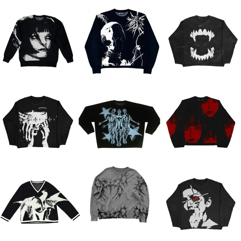 

Свитер в готическом стиле для мужчин и женщин, пуловер в стиле Харадзюку, Хлопковый вязаный Свитер оверсайз, одежда на осень, Y2k
