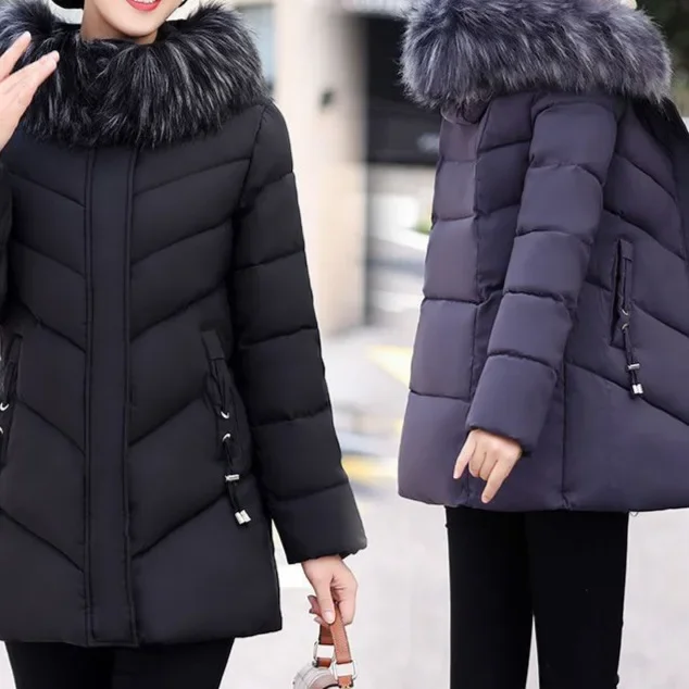 Manteau chaud à col en fourrure de style coréen pour femme