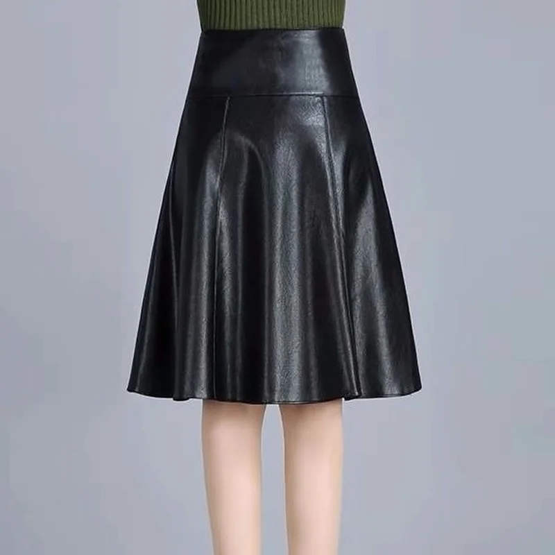 Women Indie Folk Knee Length Korean Pleated Leather Skirts High Waist Sheepskin A-Line Skirt Elegant Solid Office Lady Clothing