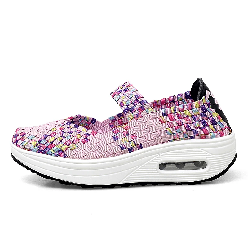 

2023 Summer Female Hand-made Woven Shoes Breathable Light Increased Thick Platform Walking Shoes Elastic Strap Casual Sneakers