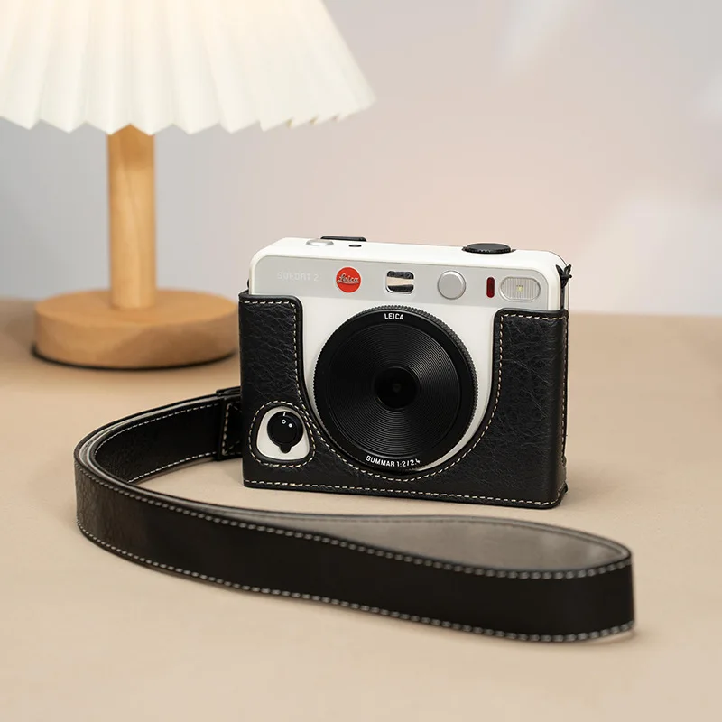Premium Leather Camera Bag with Shoulder Strap for Leica Sofort 2 - Protective Case Cover with Base Grip Handle