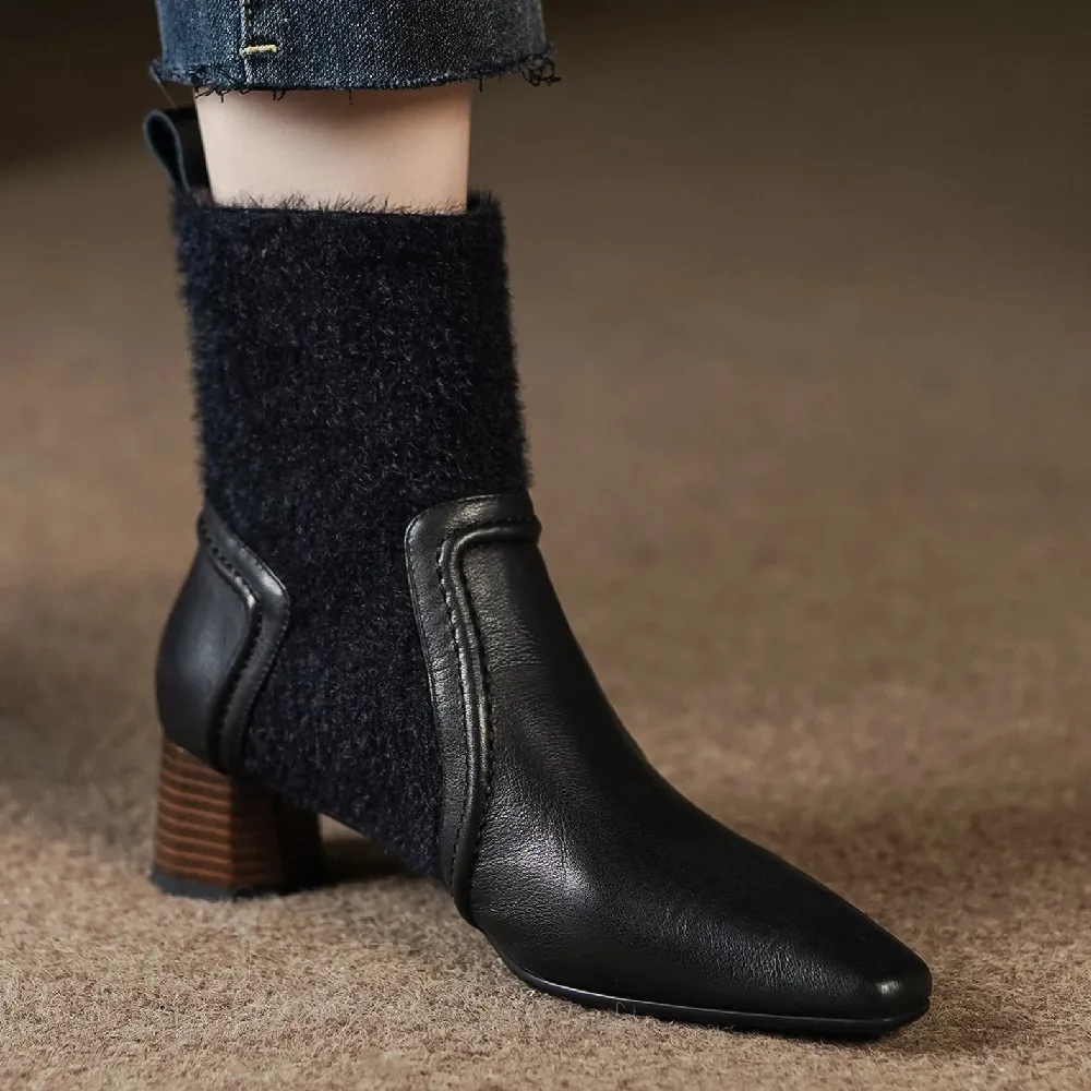 

Элегантные женские эластичные вязаные Лоскутные осенние ботильоны из коровьей кожи на толстом низком каблуке 4 см Женская мягкая удобная обувь высокого качества