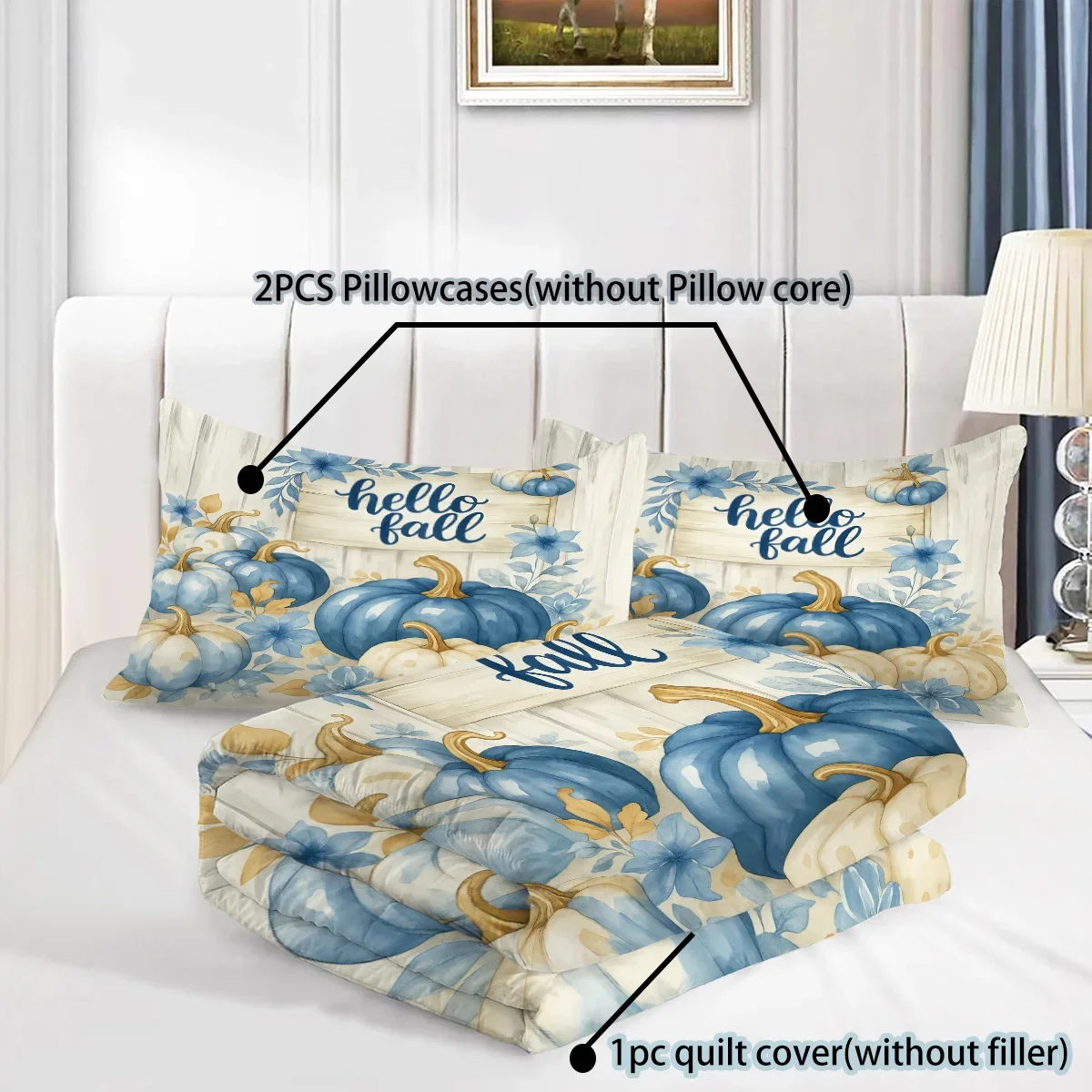 3 Pcs Harvest Pumpkin Printed Down Duvet Covers, 1 Down Duvet Cover+2 Pillowcases, No Core. Soft and Comfortable Bedding Set