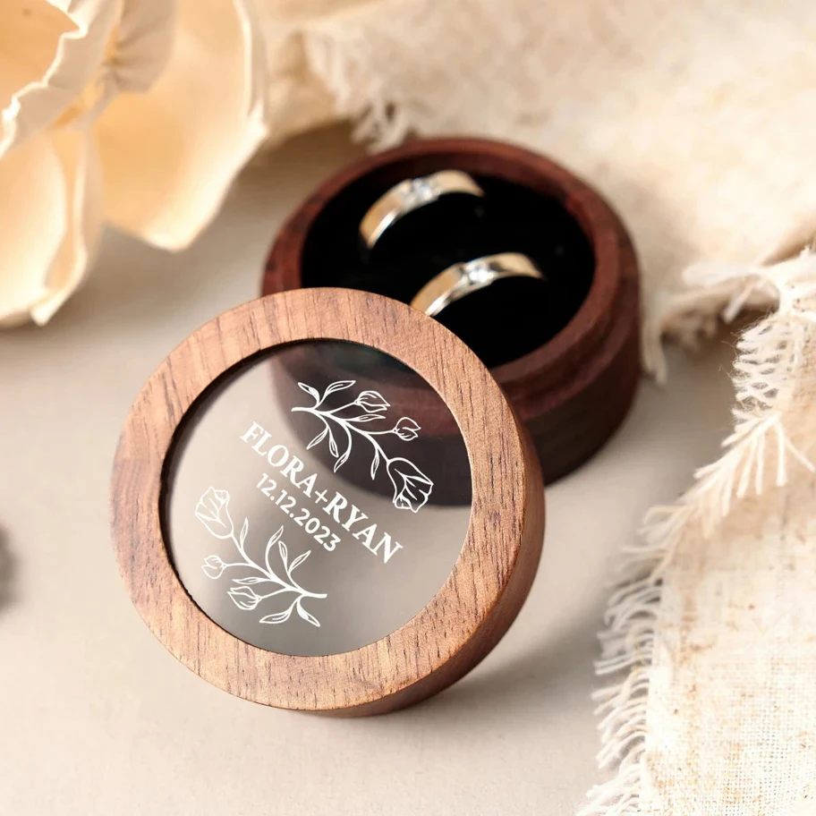 Walunt Wood Ring Box Wooden Engraving Wedding Proposal Engagement Round Wood Free Custom Logo Name and Date Ring Box jewelry box