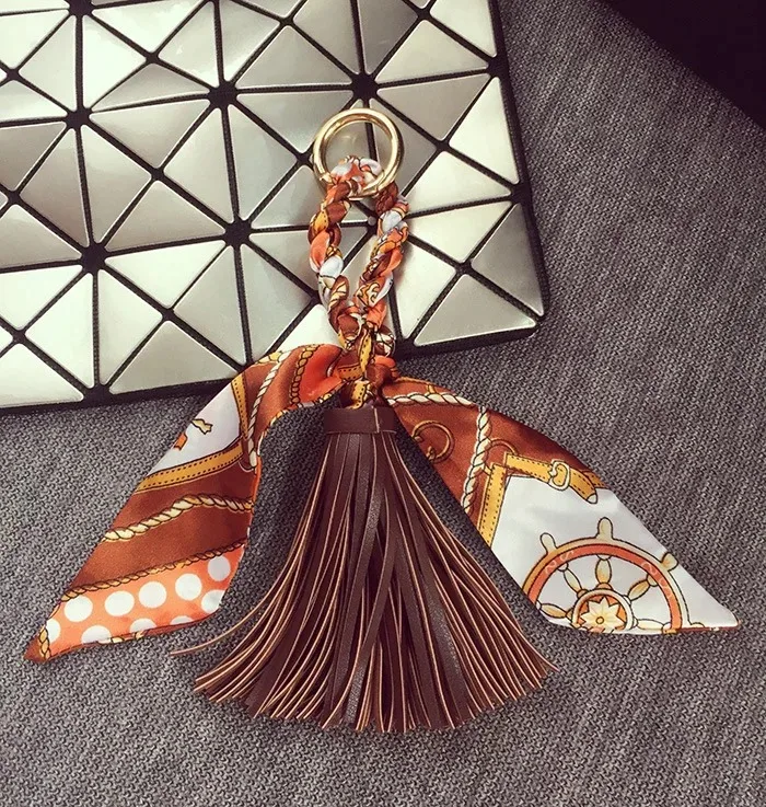 Fringed Leather & Silk Scarf-Inspired Bag Charm with Keychain
