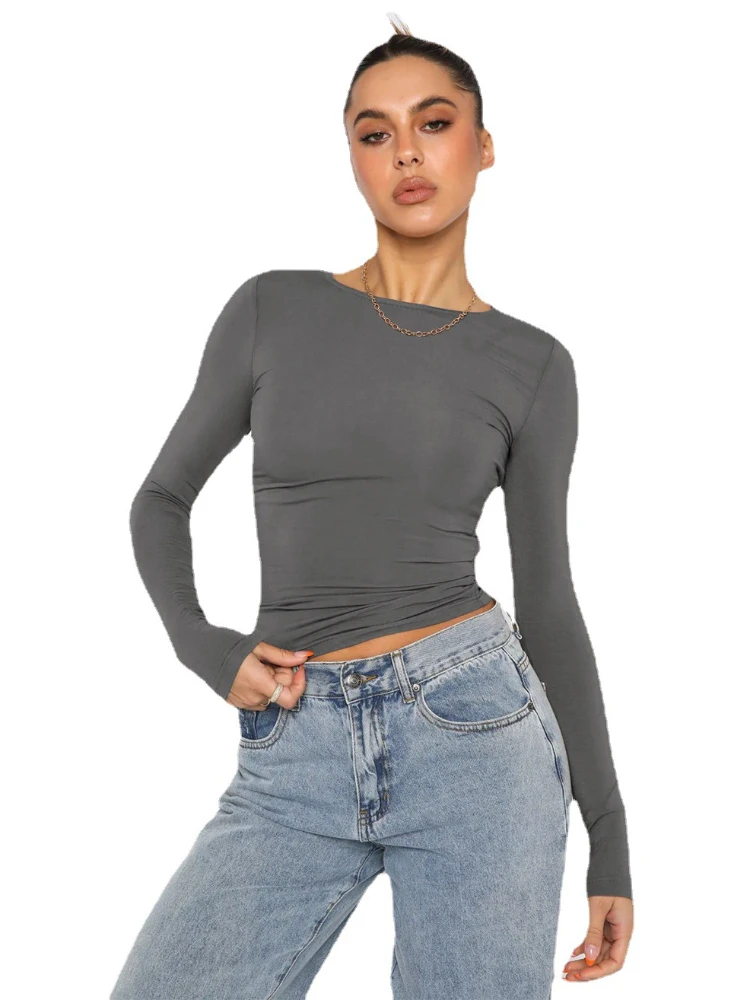 

2024 Y2K Spring Long Sleeve Slim T-Shirts Women O-Neck Causal Solid Tops Pullovers Knitted Streetwear Bodycon Tees