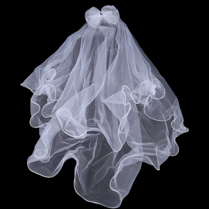 

2 Tier for Rhinestone Bowknot Wedding Veil with Comb for Kids Girls Hair Accesso