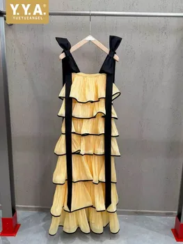 Summer Women Mixed Colors Bowknot Lace Up Strap Long Dress Elegant Ladies Multi Layer Ruffles Sleeveless Dresses Holiday Dress 1