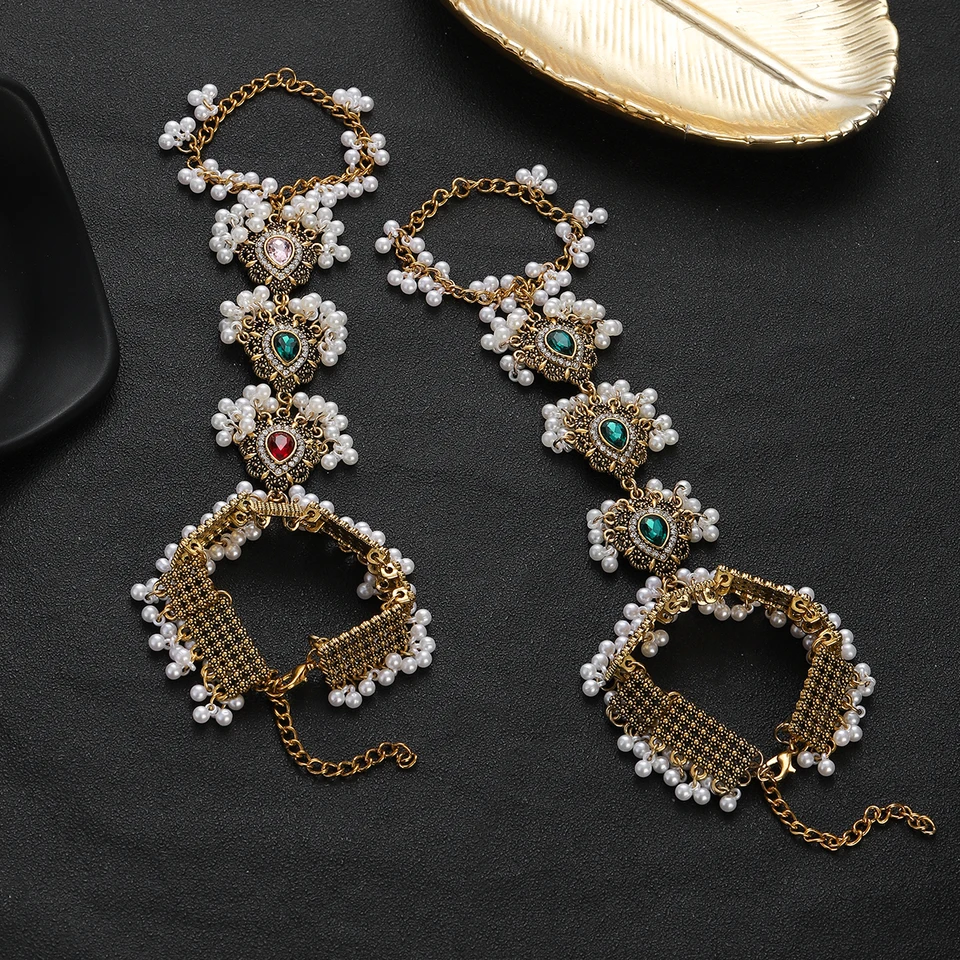 Braccialetto Vintage con strass colorati con anello da do placcato in oro con collegamento a goccia d'acqua da polso catena di lusso da donna gioielli da sposa  36