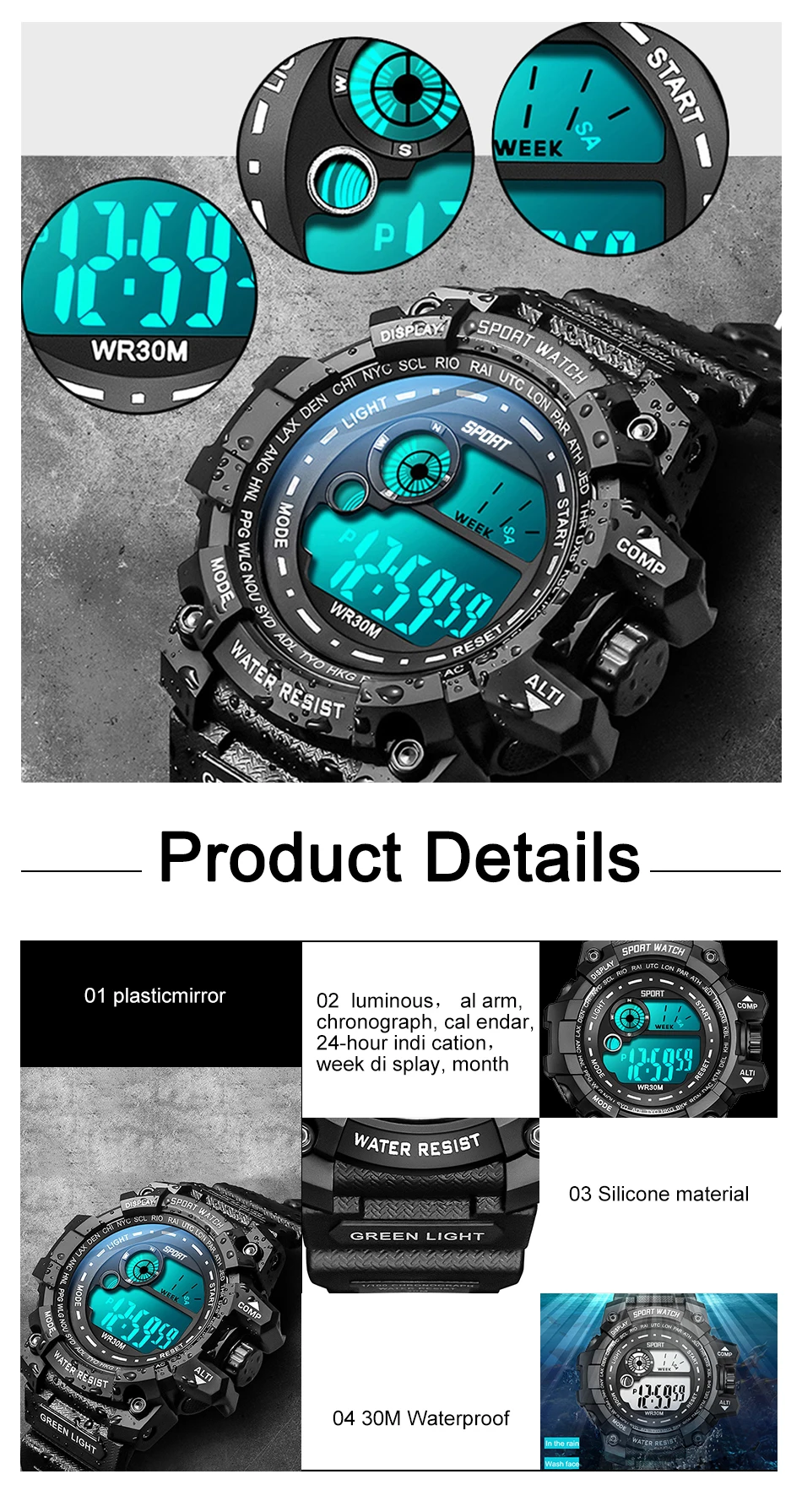 Orologio digitale sportivo per uomo - Display LED luminoso
