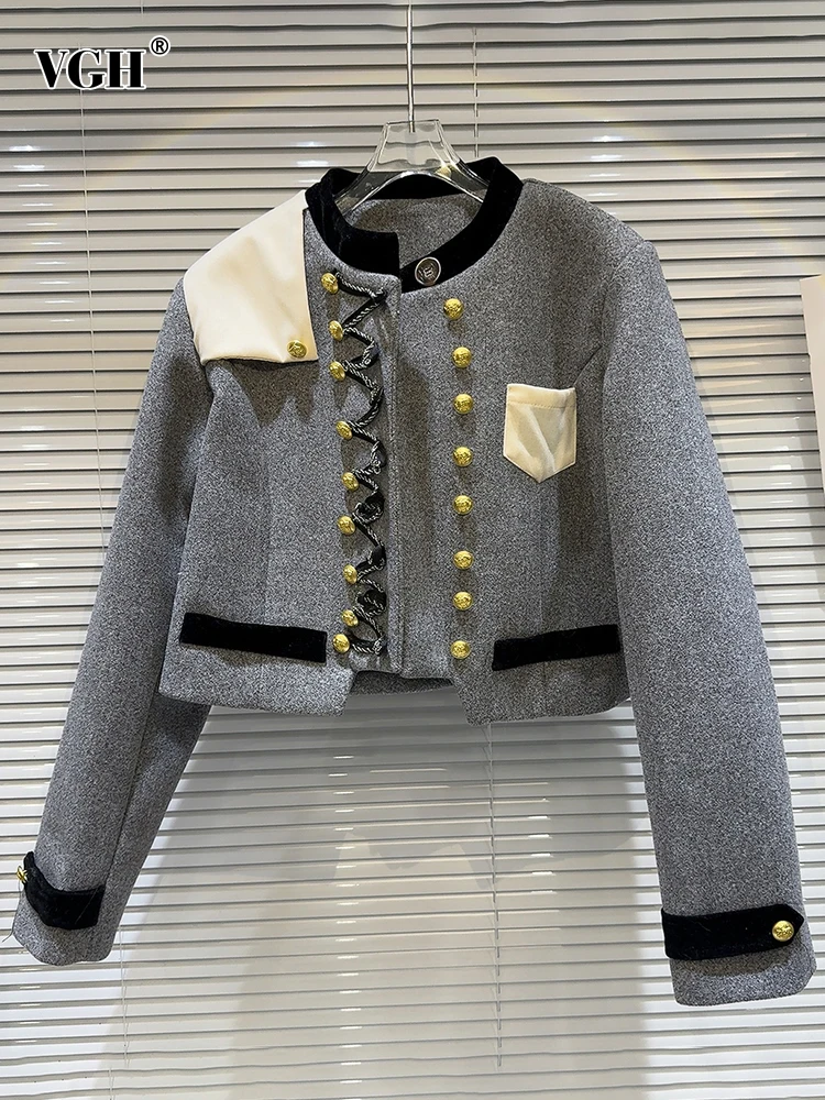 

VGH Patchwork Lace Up Casual Short Coats For Women Round Neck Long Sleeve Spliced Metal Buckle Temperament Coat Female Fashion